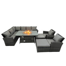 Fimous Rattan Outdoor Gas Firpit Table Sofa Set with 2 Big Stools 2 Chairs