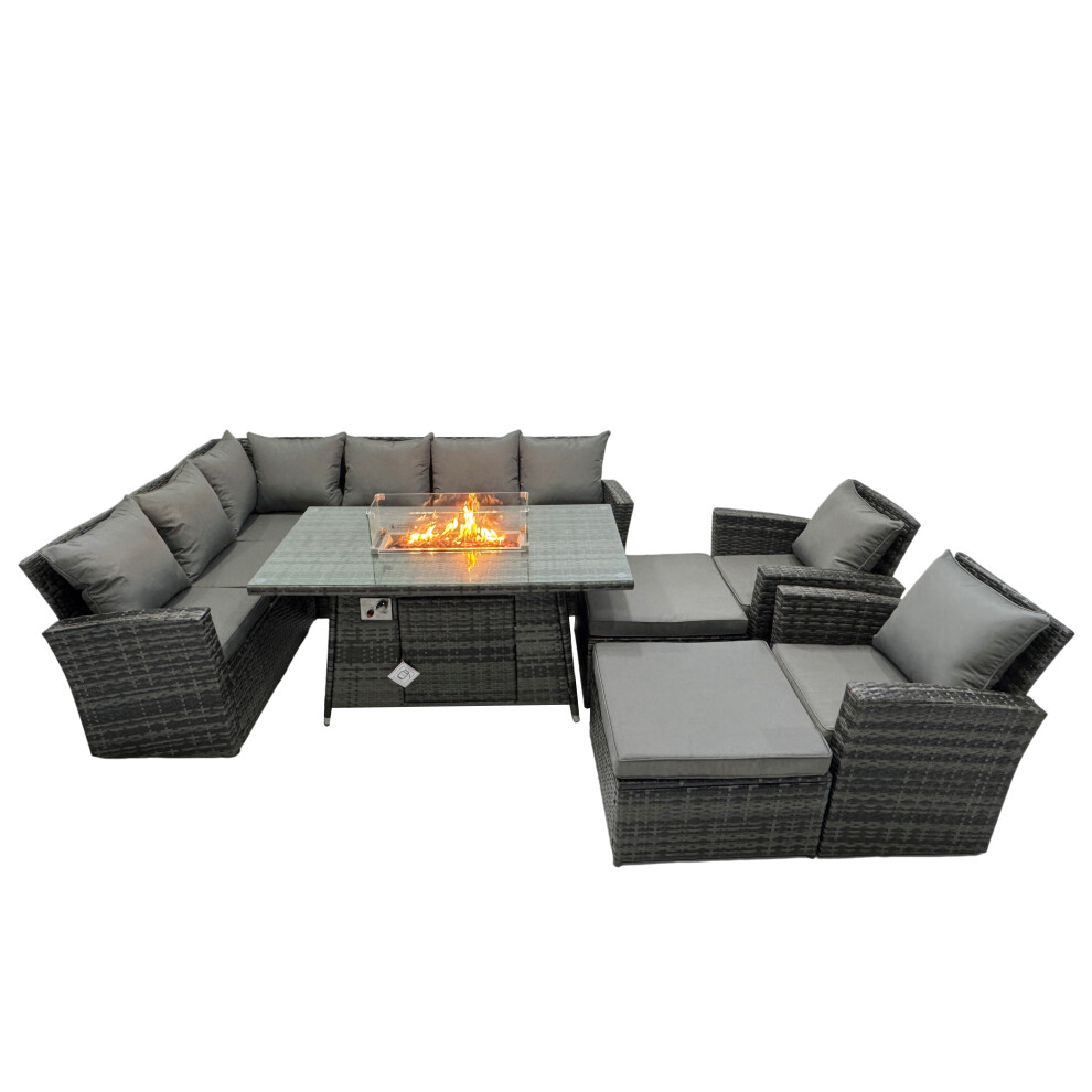 Fimous Rattan Outdoor Gas Firpit Table Sofa Set With 2 Big Stools 2 Chairs