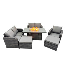 Fimous 7-seater Rattan Garden Furniture Dining Set with 2 Big Stools