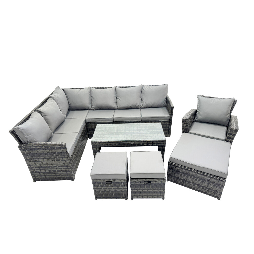 Fimous 10 Seat Outdoor Oblong Coffee Table Corner Sofa Set With Stool Chair Brown