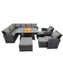 Fimous Rattan Outdoor Patio Gas Firpit Table Sofa Set with 3 Stools 2 Chairs