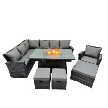 Fimous Rattan Outdoor Patio Gas Firpit Table Sofa Set with 3 Stools Chair