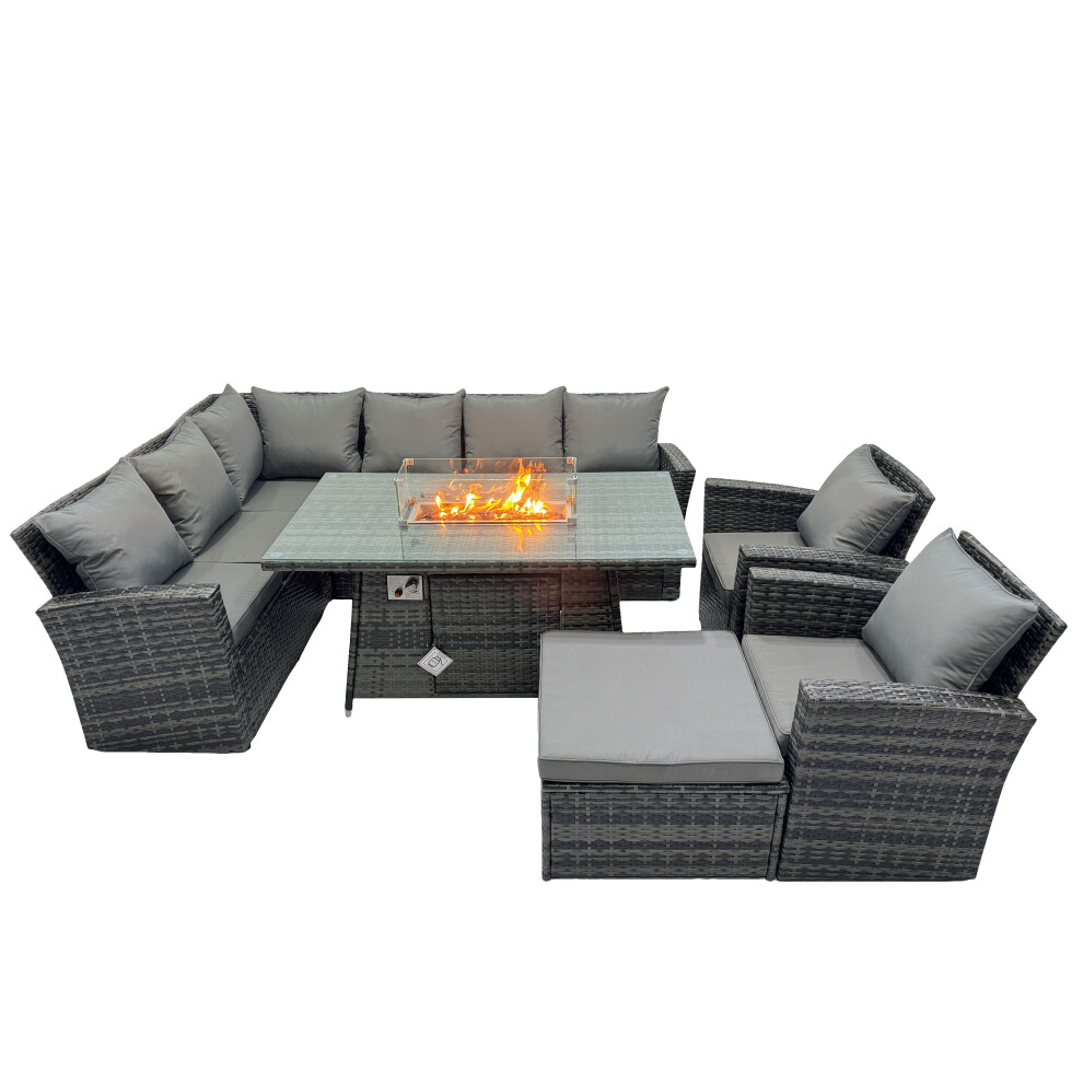Fimous Rattan Outdoor Patio Gas Firpit Table Sofa Set With Big Stool 2 Chairs