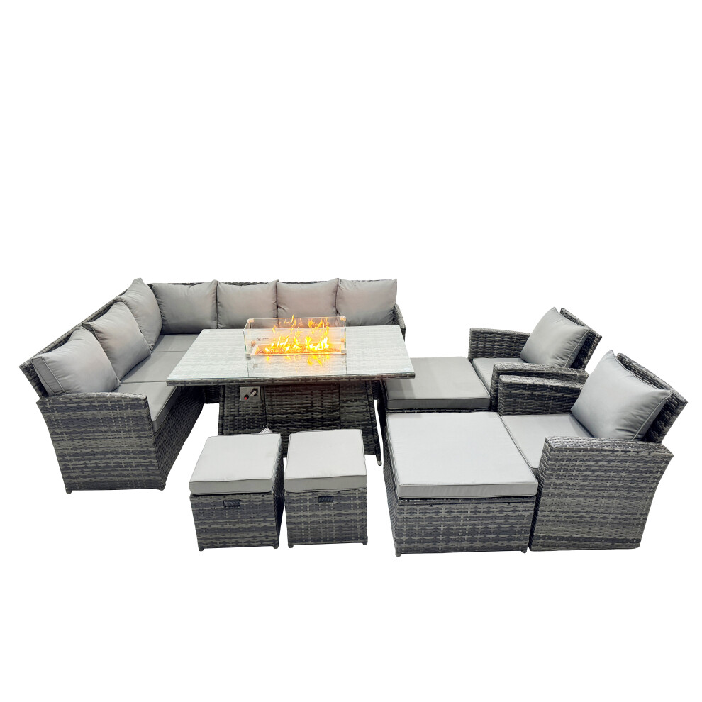 Fimous 12 Seat Gas Firpit Dining Table Corner Sofa Set With 4 Stool 2 Chairs