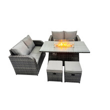 Fimous 6-seater Rattan Garden Furniture Dining Set with 2 Small Stools