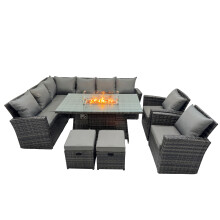 Fimous Rattan Outdoor Gas Firpit Table Sofa Set with 2 Small Stools 2 Chairs