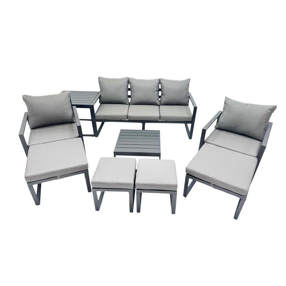 Fimous Dark/Grey Outdoor Garden Furniture Set Aluminium Lounge Sofa Square Coffee Table Sets With 4 Stools Side Table - Image 2