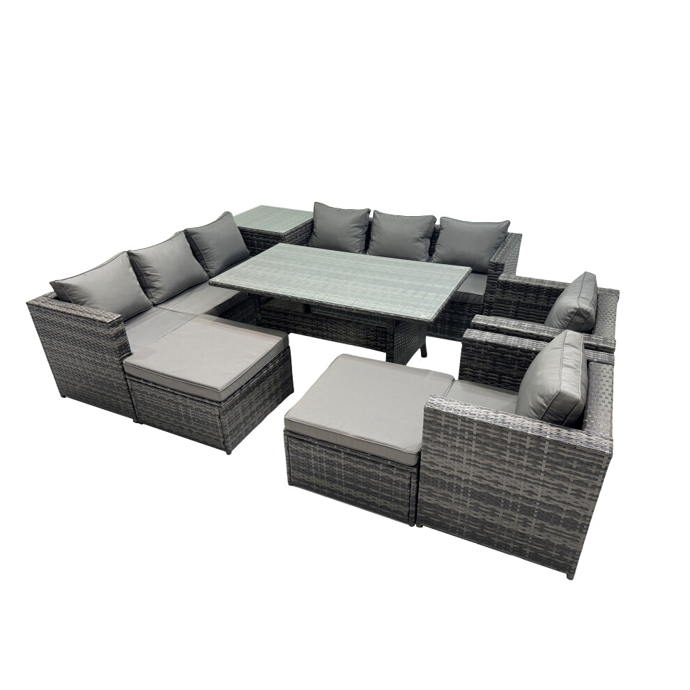 Rackhams Dark/Grey Outdoor Corner Sofa Chair Dining Table Set Garden Rattan Furniture Set 10 Seater With Side Table 2 Big Stools - Image 2