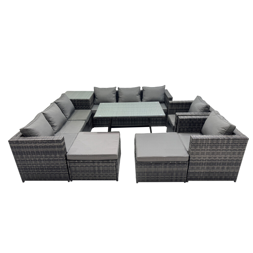 Rackhams Dark/Grey Outdoor Corner Sofa Chair Dining Table Set Garden Rattan Furniture Set 10 Seater With 2 Big Stools - Image 2