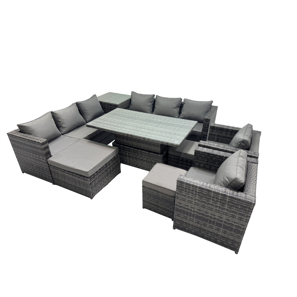 Fimous Dark/Grey 11 Seater Rattan Garden Furniture Set With Corner Sofa, Height Adjustable Rising Table, 2 Chairs, Side Table & 3 Footstools - Image 2