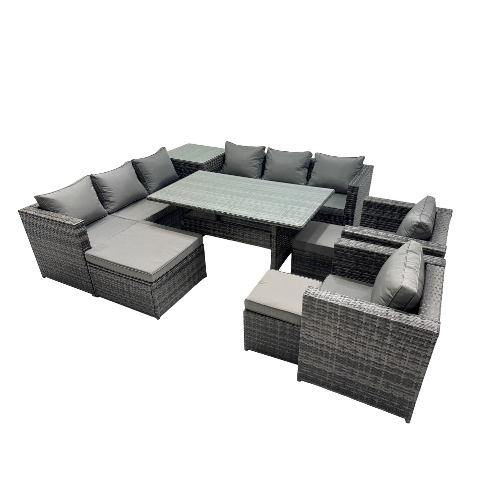 Fimous Dark/Grey Outdoor Corner Sofa Chair Dining Table Set Garden Rattan Furniture Set 11 Seater With Side Table 3 Stool - Image 2