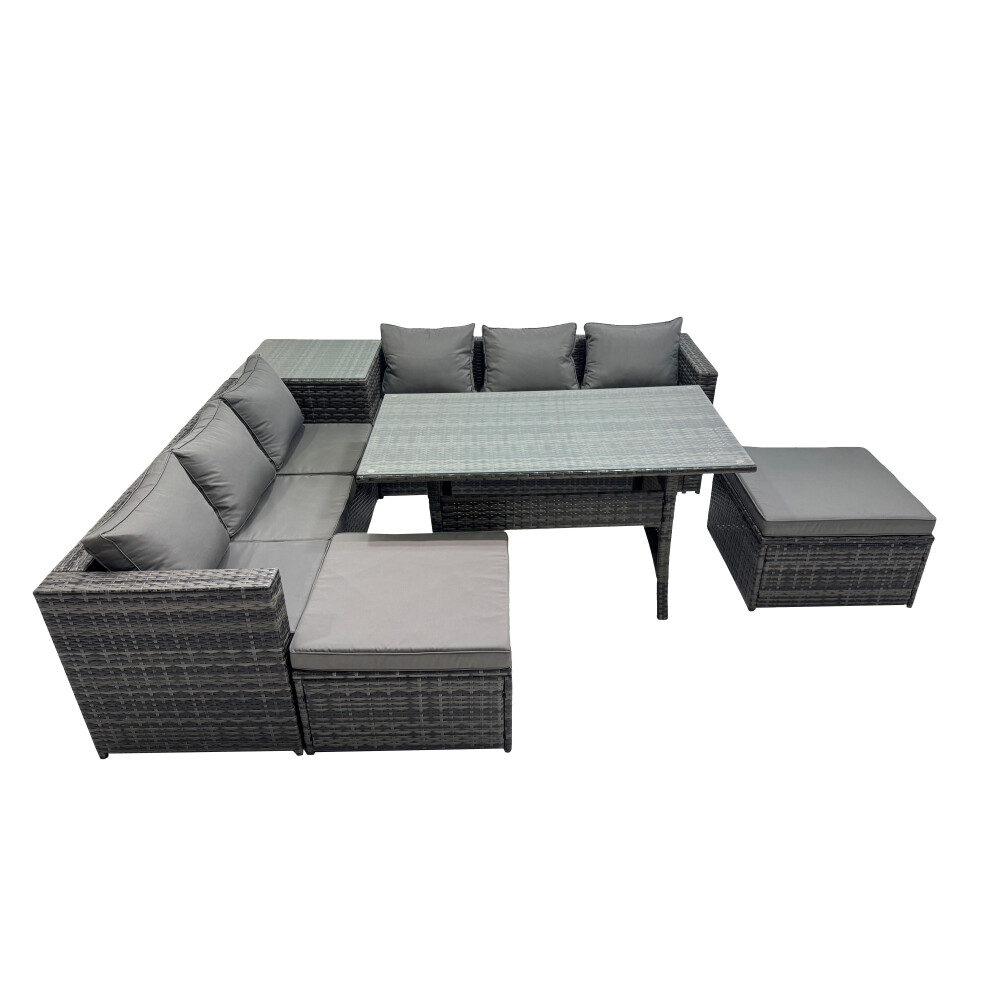 Fimous Dark/Grey 8 Seater Outdoor Corner Sofa Dining Table Set Garden Rattan Furniture Set With Side Table 2 Big Stool - Image 2