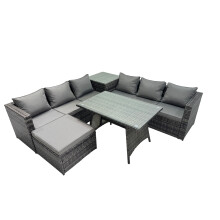 Fimous Garden Rattan Furniture Set 7 Seater with Side Table Stool Dark Grey