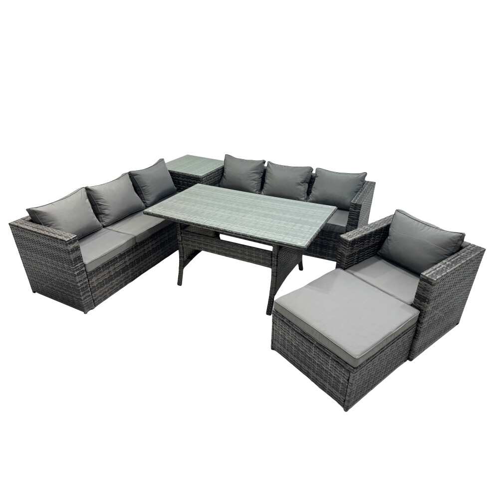 Rackhams Dark/Grey 8 Seater Outdoor Corner Sofa Chair Dining Table Set Garden Rattan Furniture Set With Side Table Big Stool - Image 2