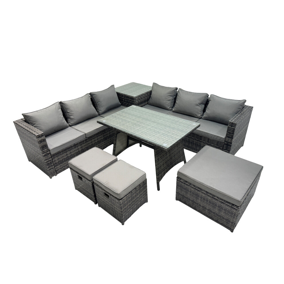 Rackhams Dark/Grey Outdoor Corner Sofa Dining Table Set Garden Rattan Furniture Set 9 Seater With Side Table 3 Stools - Image 2
