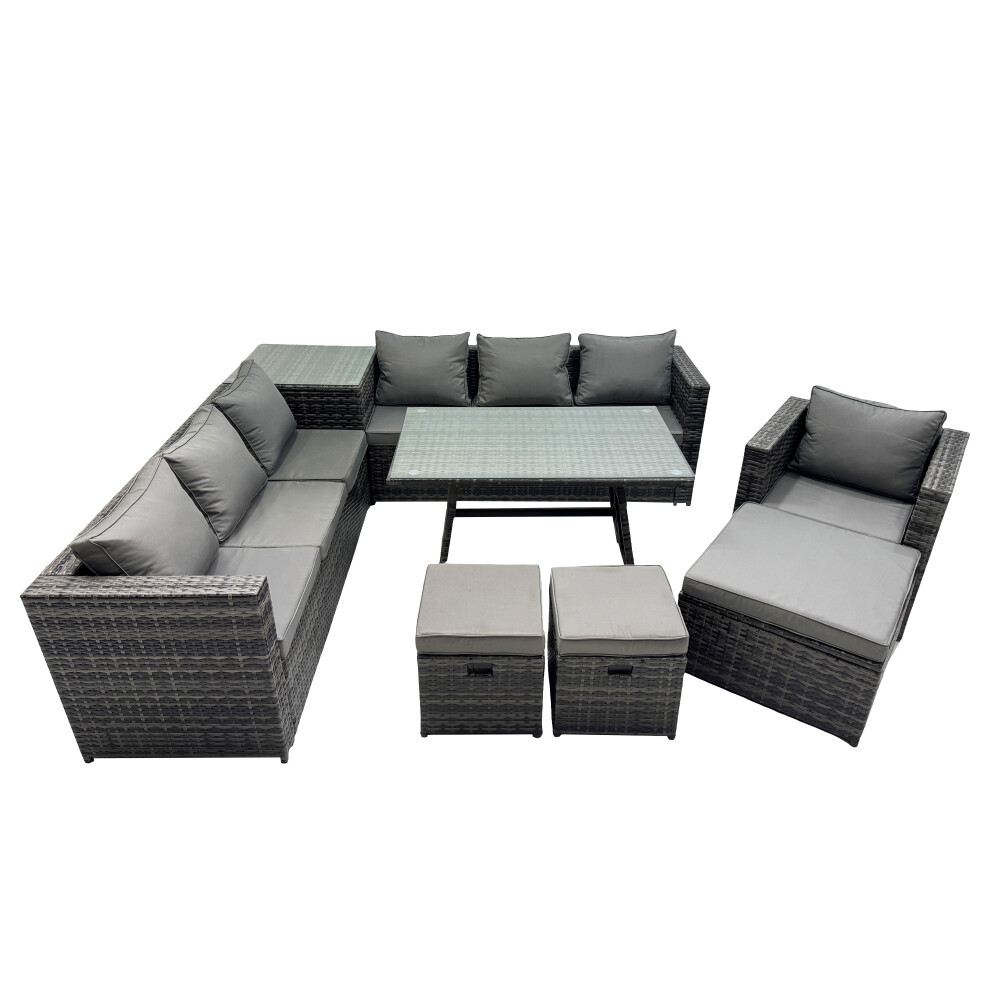 Fimous Dark/Grey Outdoor Corner Sofa Chair Dining Table Set Garden Rattan Furniture Set 10 Seater With Side Table 3 Stools - Image 2