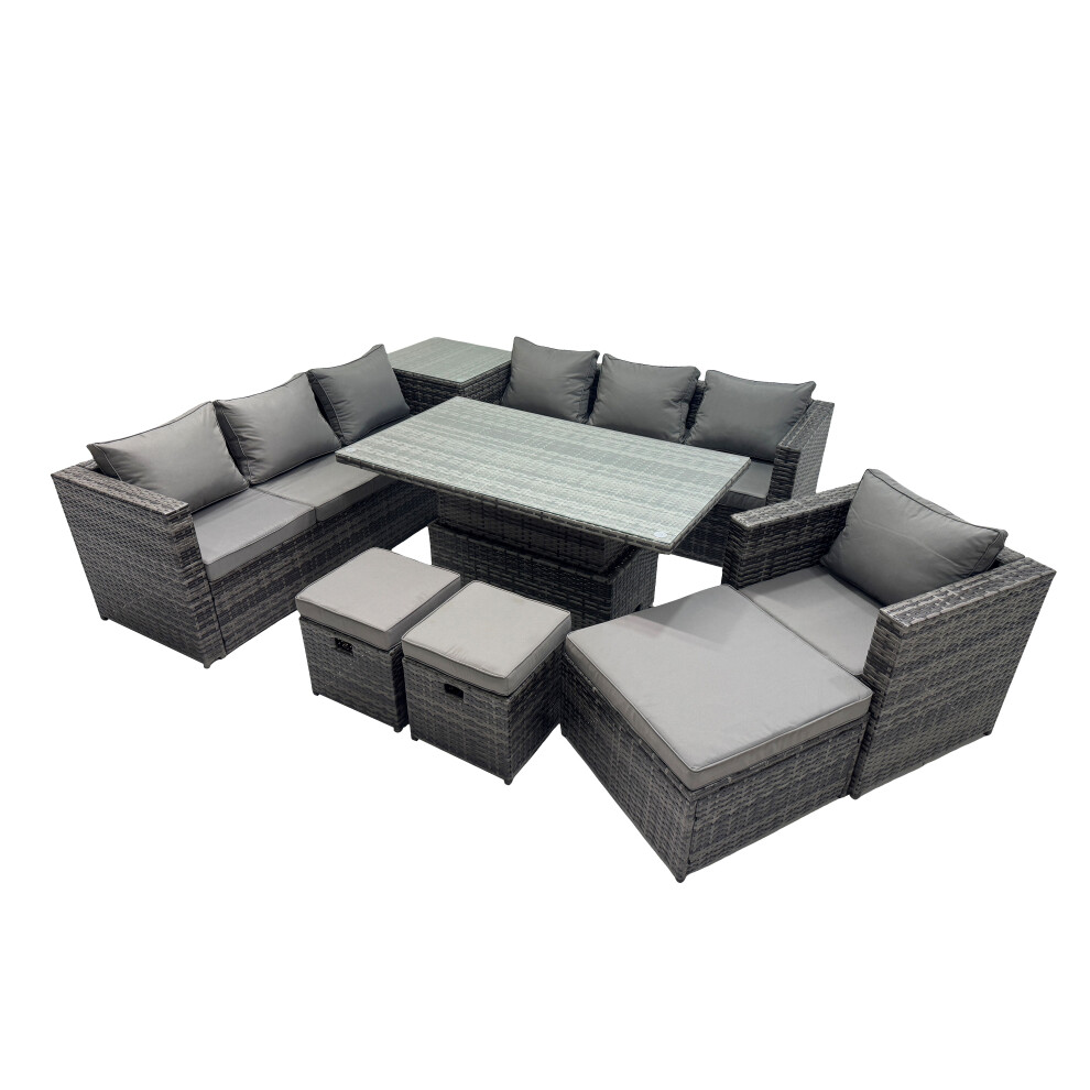 Fimous Dark/Grey 10 Seater Outdoor Corner Sofa Height Adjustable Rising Lifting Table Set Garden Rattan Furniture Set With Side Table 3 Stool - Image 2