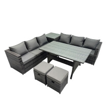 Fimous 8 Seater Garden Rattan Furniture Set with Side Table 2 Small Stools