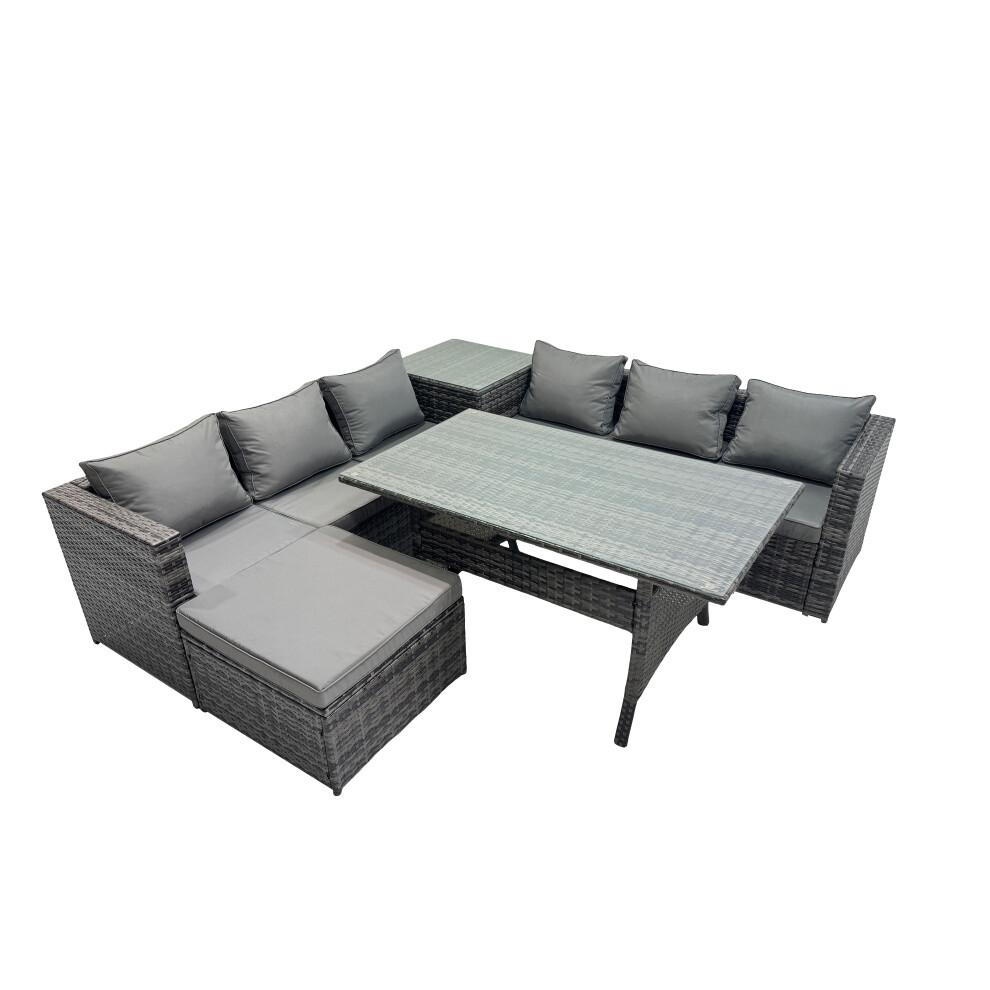 Fimous Dark/Grey 7 Seater Outdoor Corner Sofa Dining Table Set Garden Rattan Furniture Set With Side Table Big Stool - Image 2