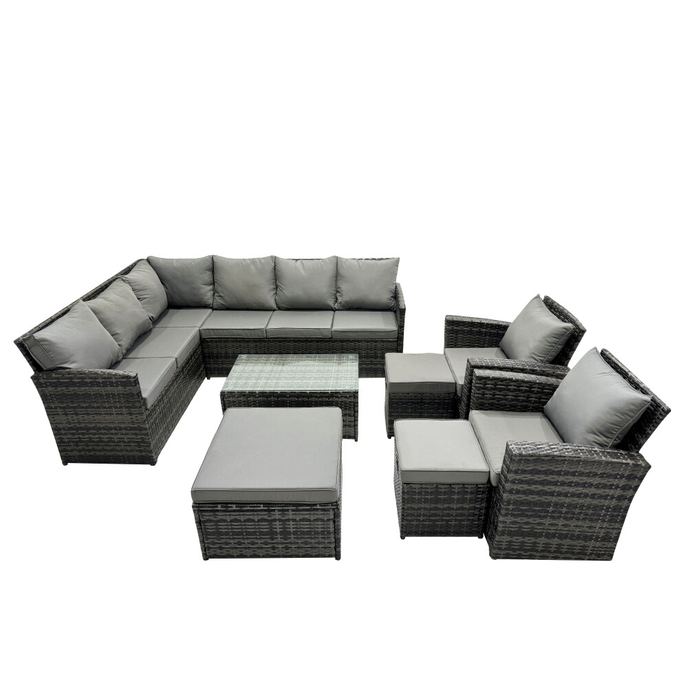 Fimous Dark/Grey 11 Seat Poly Rattan Outdoor Patio Coffee Table Corner Sofa Set With 3 Stools 2 Chairs For Garden Backyard Mixed - Image 2