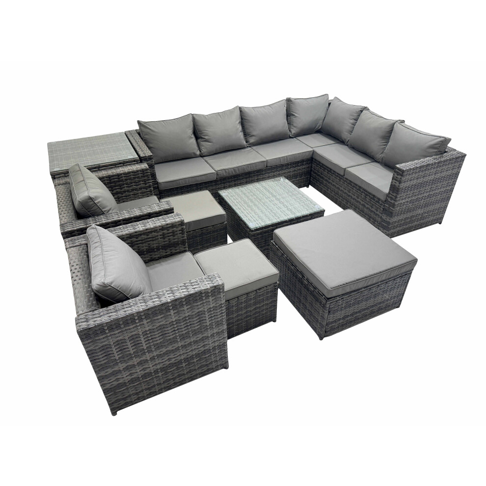 Fimous Dark/Grey Outdoor Pe Rattan Garden Furniture Sofa Set With Square Coffee Table 3 Stools Side Table 2 Chair - Image 2