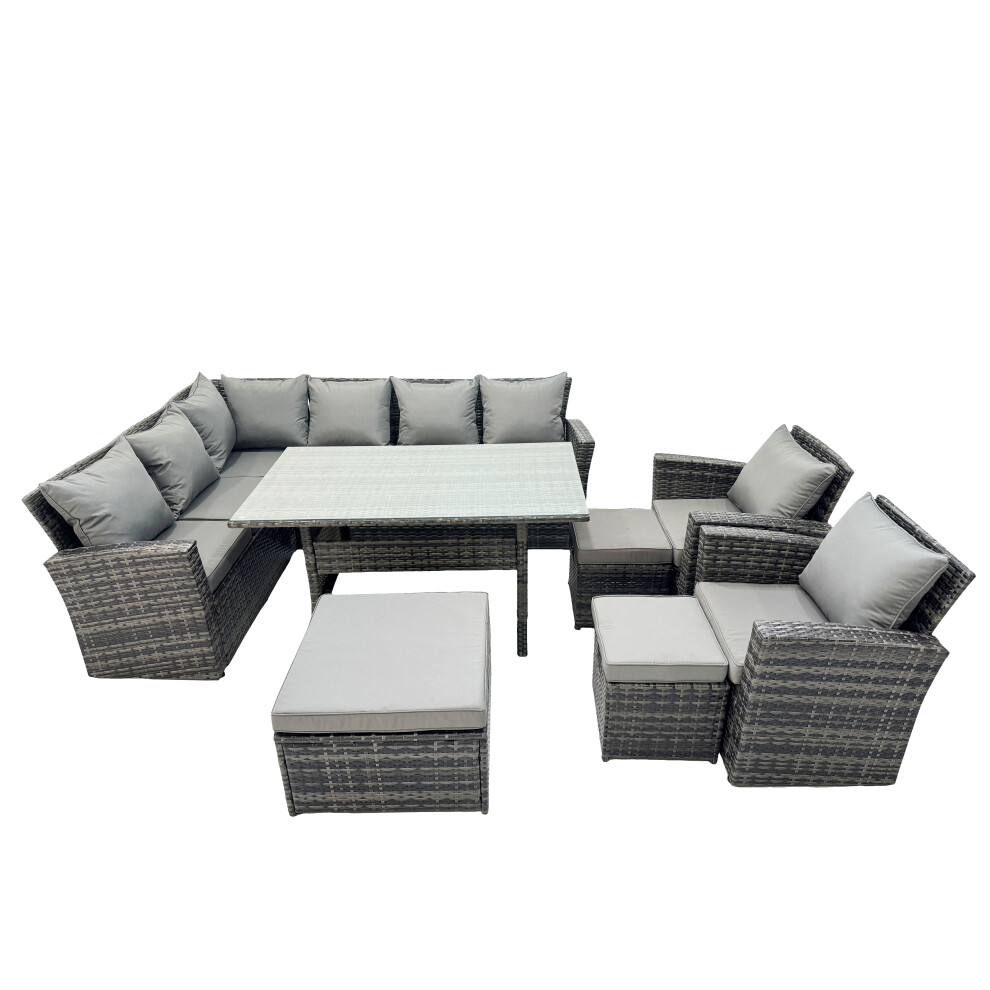 Rackhams Dark/Grey 11 Seat Rattan High Back Corner Sofa Set Patio Dining Table Set With 3 Stools 2 Chair Mixed - Image 2