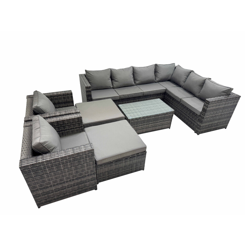 Fimous Rattan Garden Furniture Set with 2 Chairs 2 Big Stools Dark Grey Mixed
