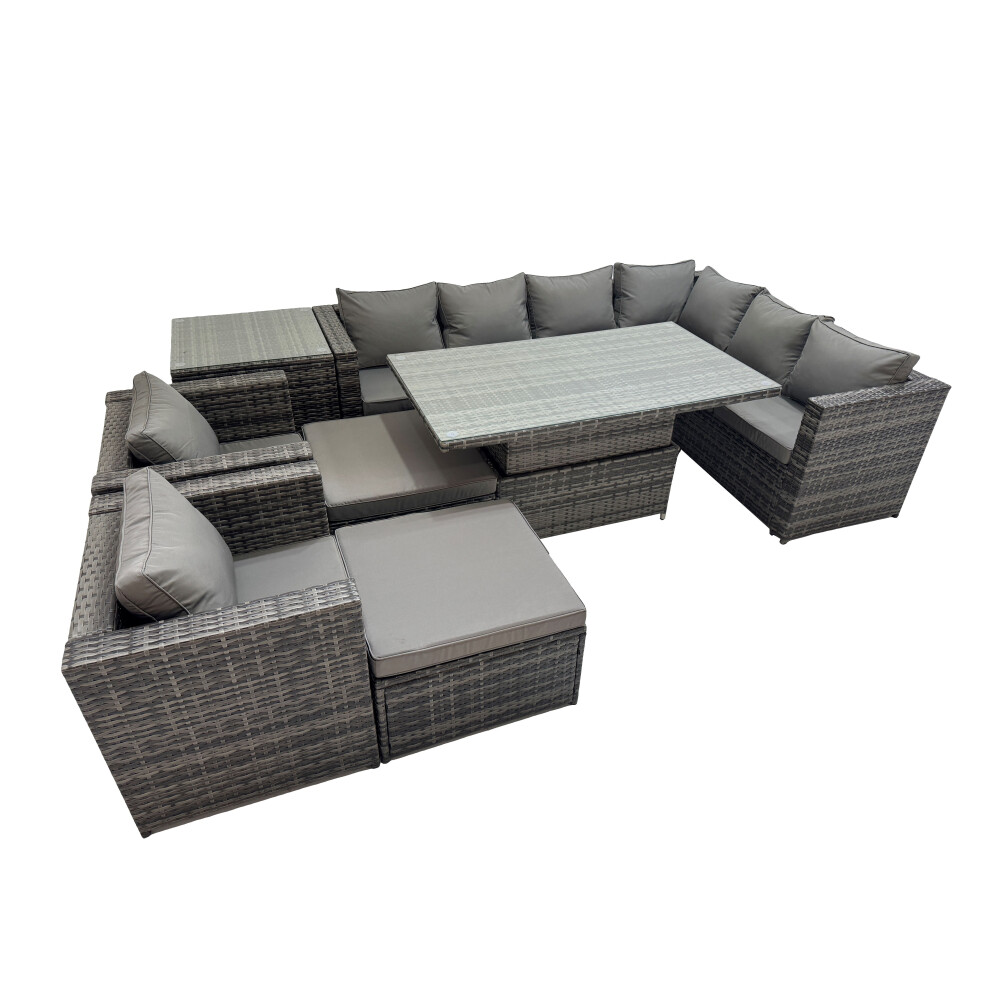 B&Q - 10 Seater Rattan Height Adjustable Rising Lifting Table Sets With 2 Chairs 2 Big Stools Side Table Dark Grey Mixed - Image 2