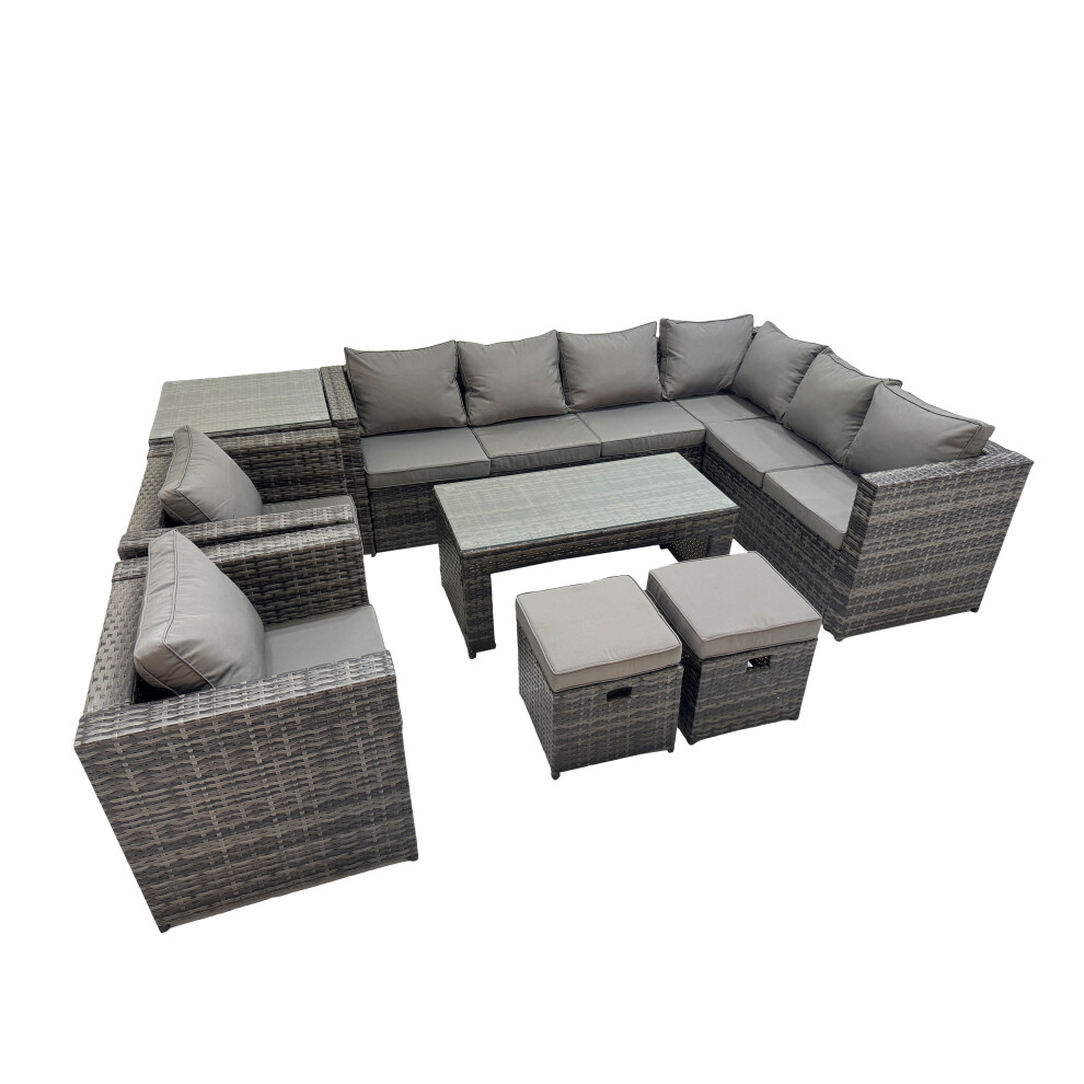 Rackhams Dark/Grey Outdoor Rattan Oblong Coffee Table Corner Sofa Sets Garden Furniture Set With 2 Chairs 2 Small Stools Side Table Mixed - Image 2