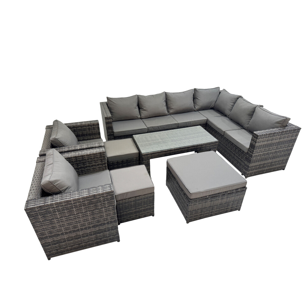 Fimous Dark/Grey Outdoor Rattan Oblong Coffee Table Corner Sofa Sets Garden Furniture Set With 2 Chairs 2 Small Stools Mixed - Image 2