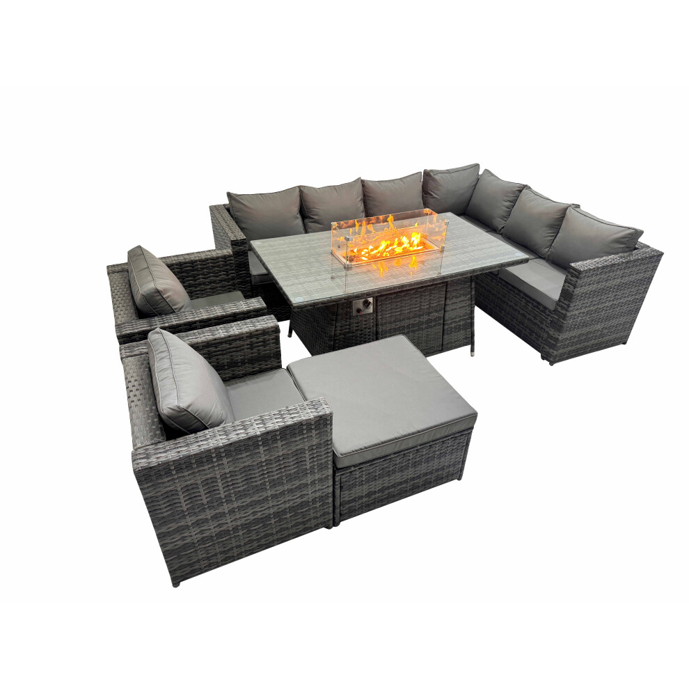 Fimous Dark/Grey Garden Rattan Furniture Set 9 Seater Outdoor Corner Sofa 2 Chair Gas Fire Pit Dining Table Set With Big Stool - Image 2