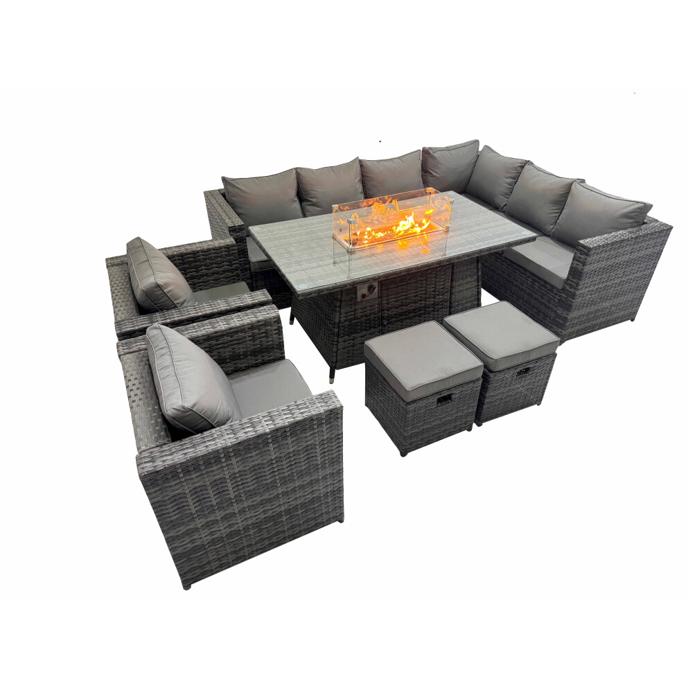 Rackhams Dark/Grey Garden Rattan Furniture Set 10 Seater Outdoor Corner Sofa 2 Chair Gas Fire Pit Dining Table Set With 2 Small Stools - Image 2