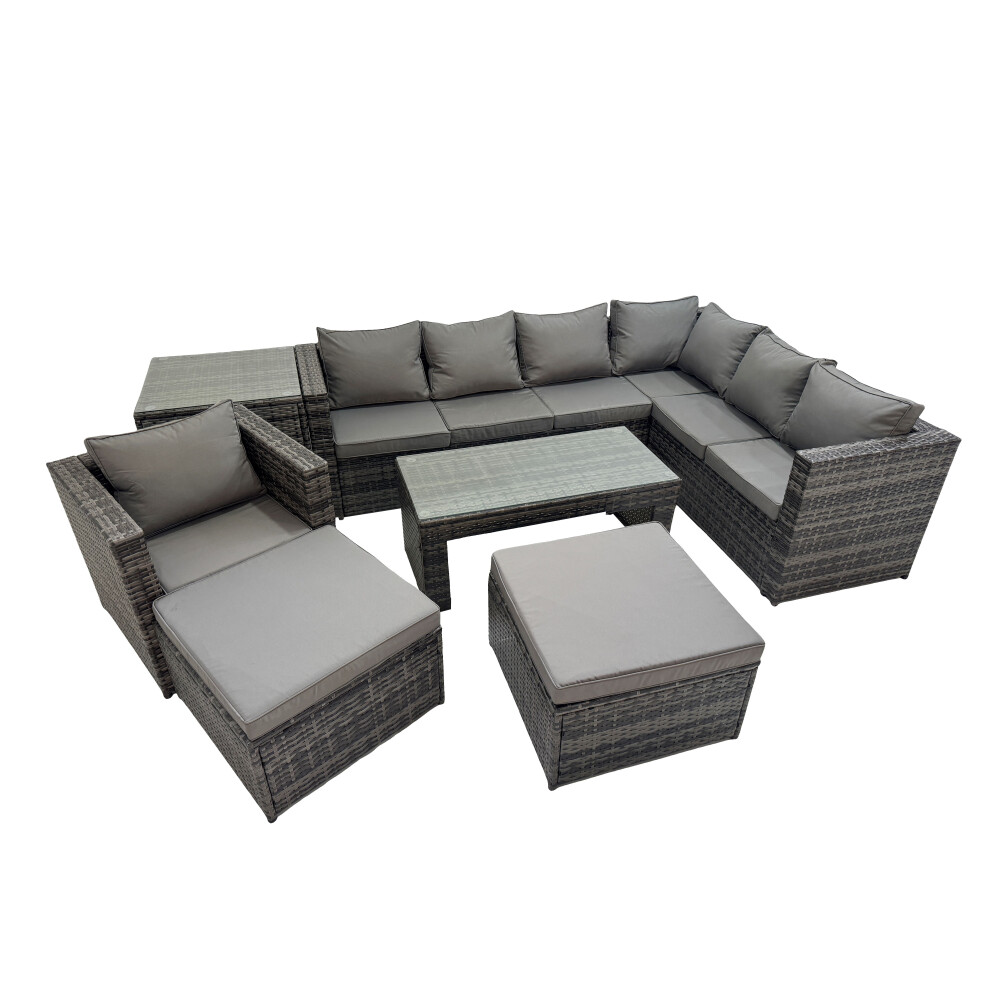 B&Q - Outdoor Rattan Oblong Coffee Table Corner Sofa Sets Garden Furniture Set With Chair 2 Big Stools Side Table Dark Grey Mixed - Image 2
