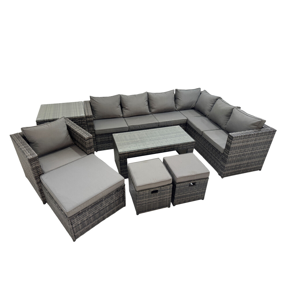 Fimous Dark/Grey Outdoor Rattan Oblong Coffee Table Corner Sofa Sets Garden Furniture Set With Chair 3 Stool Side Table Mixed - Image 2