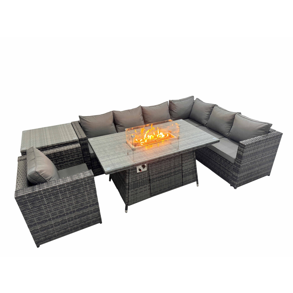 Fimous Dark/Grey Garden Rattan Furniture Set 7 Seater Outdoor Corner Sofa Chair Gas Fire Pit Dining Table Set With Side Table - Image 2