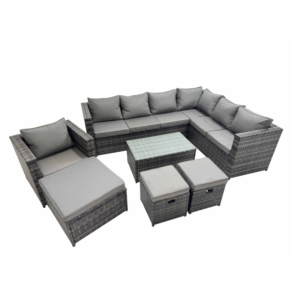 Fimous Dark/Grey Patio Sofa Oblong Coffee Table Set Rattan Garden Furniture Set With 3 Stools Chair Mixed - Image 2