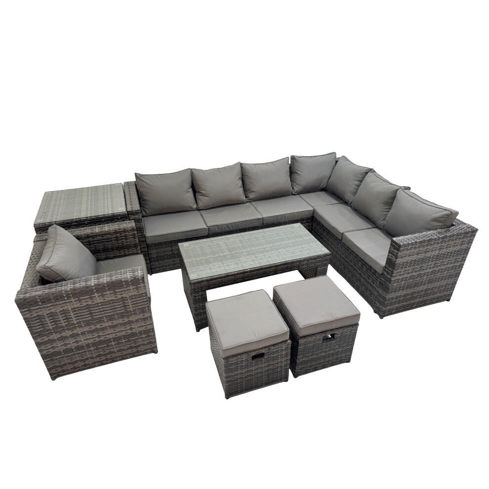 B&Q - Outdoor Rattan Oblong Coffee Table Sets Garden Furniture Set With Chair 2 Small Stools Side Table Dark Grey Mixed - Image 2