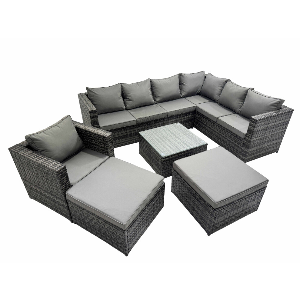 Rackhams Dark/Grey Outdoor Pe Rattan Garden Furniture Sofa Set With Square Coffee Table Chair 2 Big Stools - Image 2