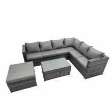 Fimous Garden Furniture Sofa Set with Oblong Coffee Table Big Stool Dark Grey