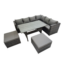 Fimous 8 Seater Patio Dining Corner Sofa Sets with Big Stools Dark Grey Mixed