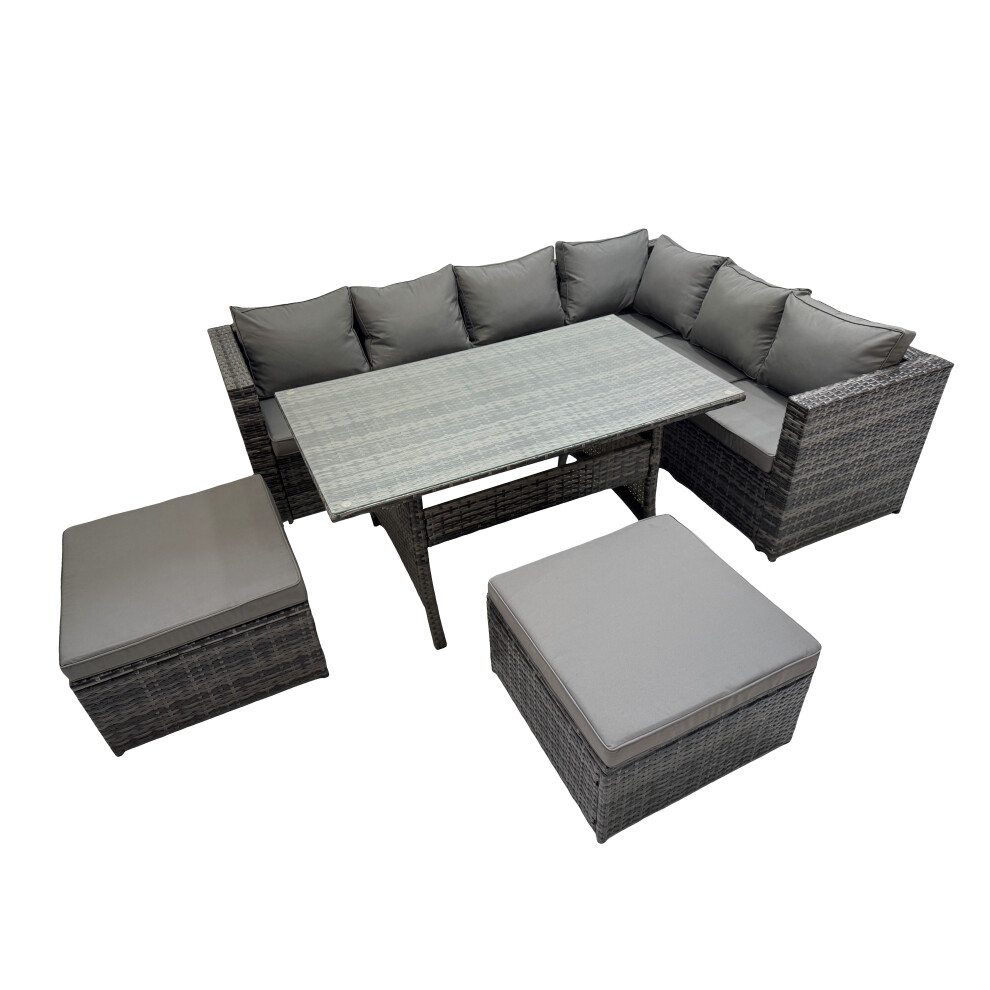 Fimous 8 Seater Patio Dining Corner Sofa Sets With Big Stools Dark Mixed Grey