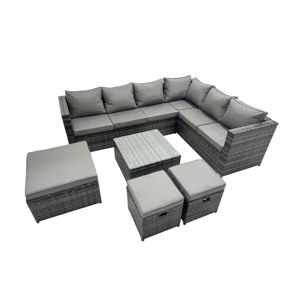 Rackhams Dark/Grey Outdoor Pe Rattan Garden Furniture Sofa Set With Square Coffee Table 3 Stools - Image 2