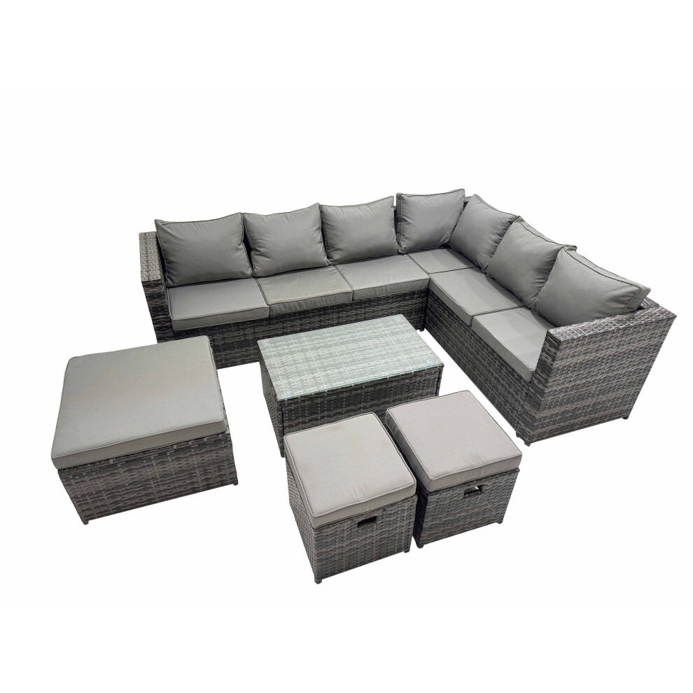 Fimous Dark/Grey Outdoor Pe Rattan Garden Furniture Sofa Set With Oblong Coffee Table Big Stool 2 Small Stools - Image 2
