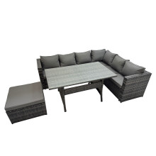Fimous 7 Seater Patio Dining Corner Sofa Sets with Big Stool Dark Grey Mixed
