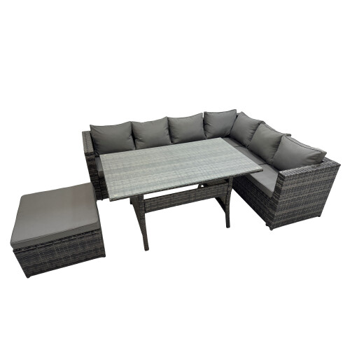 Fimous Fimous 7 Seater Patio Dining Corner Sofa Sets with Big Stool Dark Grey Mixed