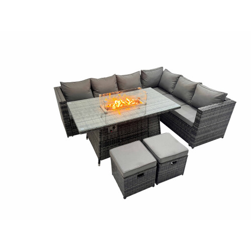 Fimous Fimous 8 Seater Outdoor Corner Sofa Gas Firepit Dining Table Set Dark Grey