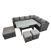 Fimous 9 Seater Patio Dining Corner Sofa Set with 3 Footstool Dark Grey Mixed