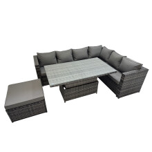 Fimous 7 Seater Rattan Corner Sofa Sets with Big Footstool Dark Grey Mixed