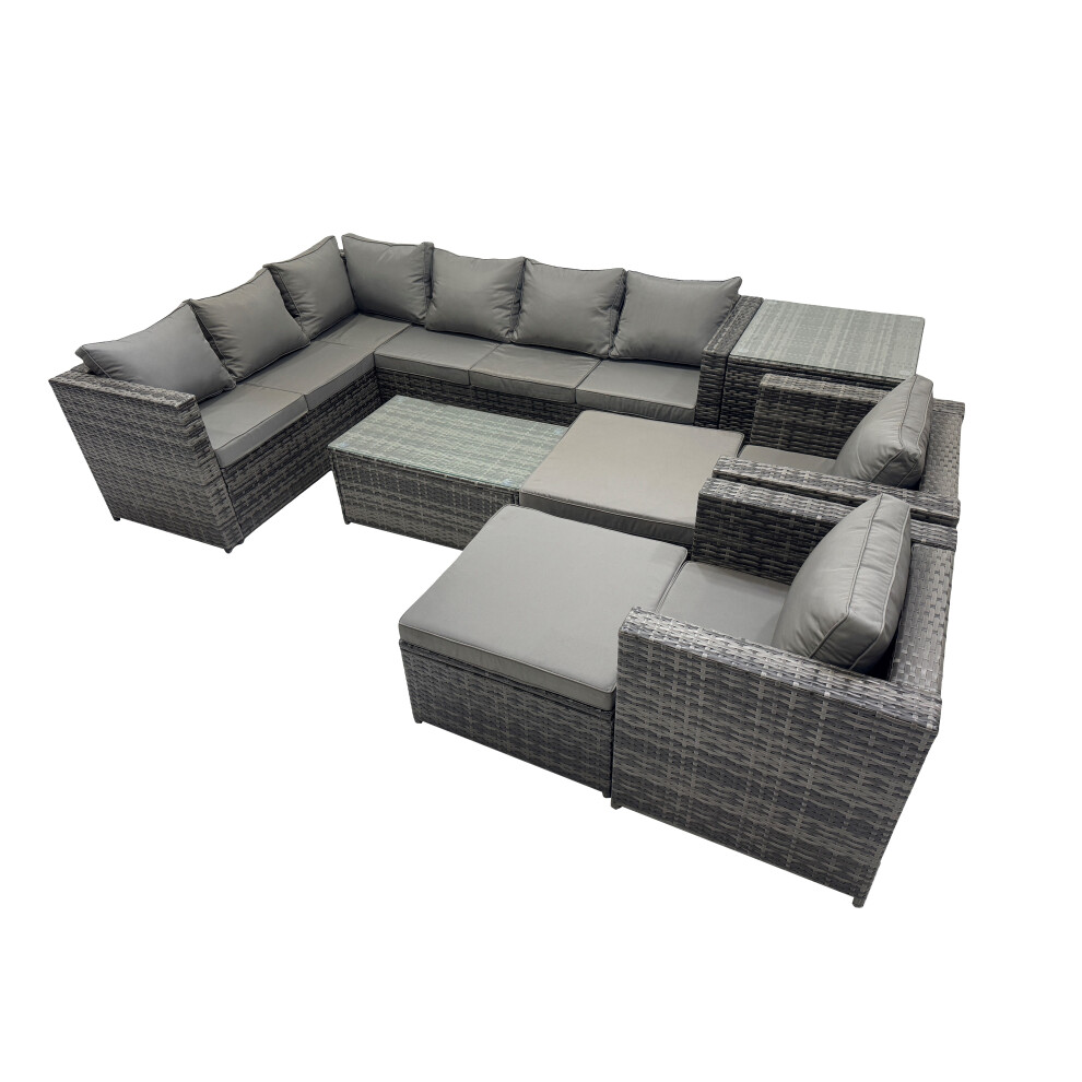 Rackhams Dark/Grey Outdoor Rattan Rectangular Coffee Table Corner Sofa Sets Garden Furniture Set With 2 Chairs 2 Big Stools Side Table Mixed - Image 2
