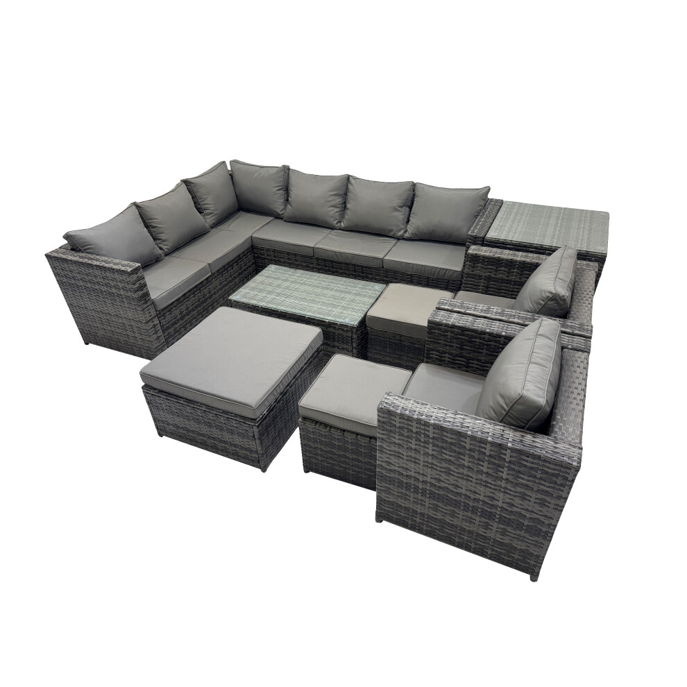 Fimous Dark/Grey Outdoor Rattan Rectangular Coffee Table Corner Sofa Sets Garden Furniture Set With 2 Chairs 3 Stools Side Table Mixed - Image 2